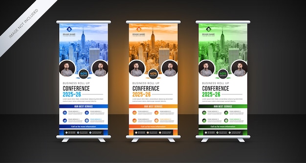 Vector webinar business conference rollup banner, stand banner, pullup banner template with rollup mockup