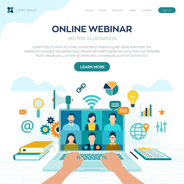 Webinar. Internetconferentie. Webgebaseerd seminar. Afstand leren. E-learning Opleidingsconcept.
