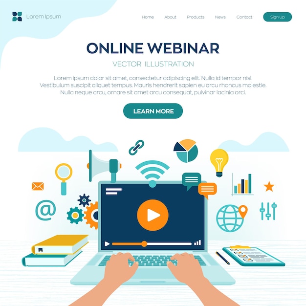 Vector webinar landing page. internet conference. web based seminar. distance learning. e-learning training business concept.