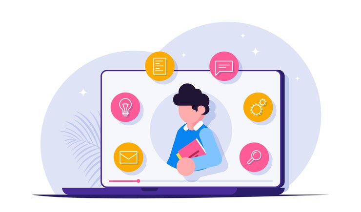 Vector webinar, online conferentie, webinar. methode voor afstandsonderwijs. de man op het laptopscherm