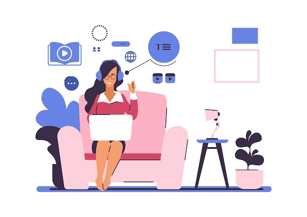 Webinar Online education concept Cartoon woman sitting with laptop Web courses for remotely studying at home Girl getting knowledge by watching educational videos Vector illustration