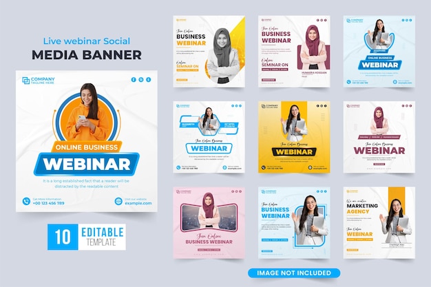 Webinar social media post vector collection with blue and yellow colors Live webinar and presentation template bundle for digital marketing Office seminar invitation and webinar template set