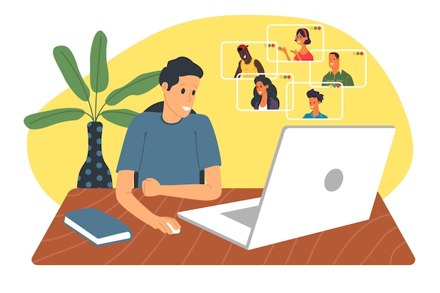 Webinar vector illustration, online meeting, work at home, flat design. video conferencing, social distancing, business discussion. the character is watching webinar or talking with colleagues online.