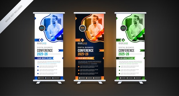 Vector webinar zakelijke conferentie rollup banner, stand banner, pullup banner sjabloon met rollup mockup