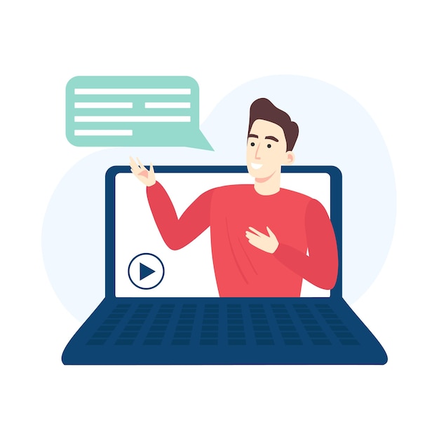 Webinarconcept Mens met praatjebellen op laptopscherm Online onderwijs