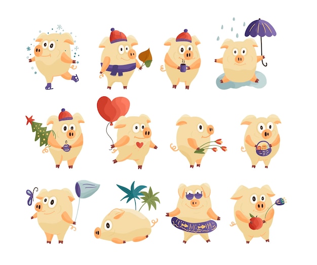 WebNew Year 2019 set with Christmas cartoon flat pigs in various poses and different emotions