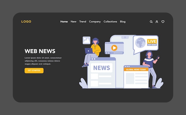 Webnieuwsplatform nacht of donkere modus web of landing page onmiddellijke wereldwijde nieuwstoegang en live updates