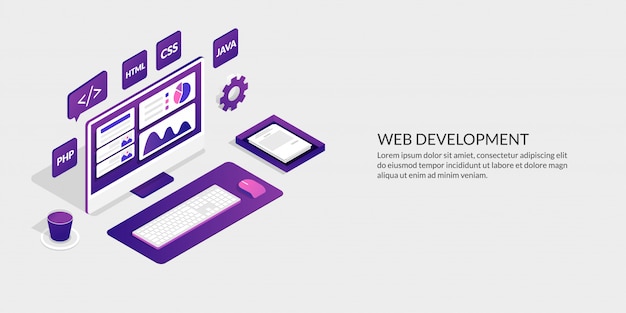 Webontwikkeling & gebruikersinterface ontwerpconcept, isometrische website ontwikkelingstools