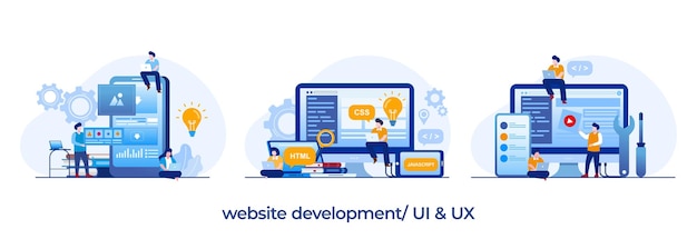 Webontwikkeling programmeertalen css html it ui programmeur stripfiguur ontwikkelen website codering vlakke afbeelding banner
