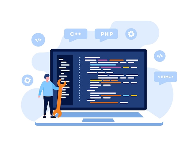 Webontwikkeling programmeertalen css html it ui programmeur stripfiguur ontwikkelen website codering vlakke afbeelding banner
