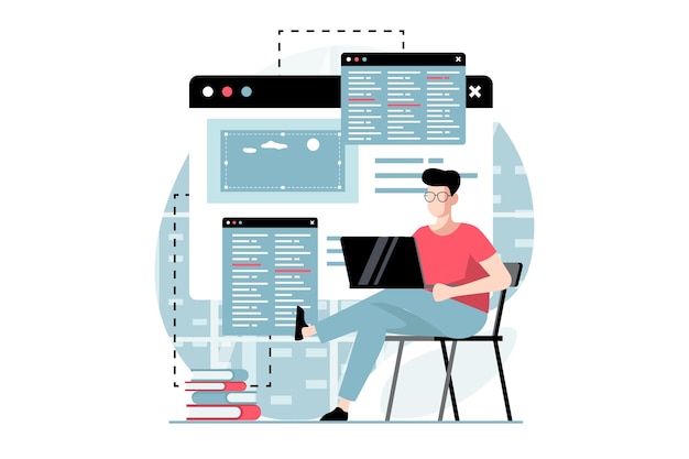Webontwikkelingsconcept met mensenscène in plat ontwerp Man programmeren en schrijven van codetests en repareert bugs werkt op verschillende schermen Vectorillustratie met karaktersituatie voor web
