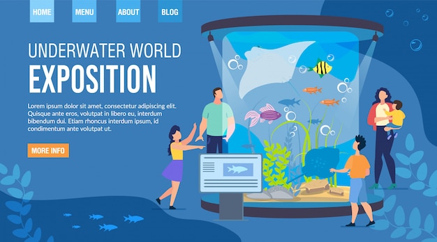 Vector webpage inviting visit underwater world exposition