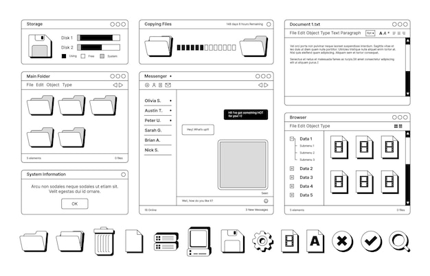 Vector webpagina's lay-out sjablonen in retro stijl digitale scherm symbolen pictogrammen scheidingslijnen frames banners knoppen opzichtig vector vlakke afbeelding