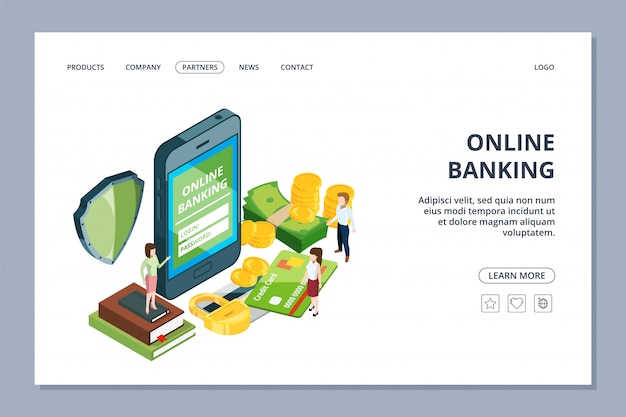 Webpagina voor online bankieren. veiligheidsconcept. smartphone, kleine mensen en geld. Landingspagina voor mobiele betalingsapp