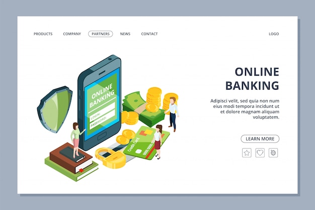 Webpagina voor online bankieren. veiligheidsconcept. smartphone, kleine mensen en geld. landingspagina voor mobiele betalingsapp