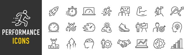 Webpictogrammen met prestaties in lijnstijl Grafieken met snelheidsverbeteringen Stimuleren van stroomverzameling Vectorillustratie
