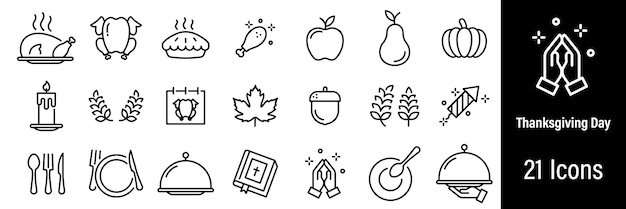Vector webpictogrammen voor thanksgiving dag bid kalkoen herfst pompoen cutlery vector in line style pictogrammen