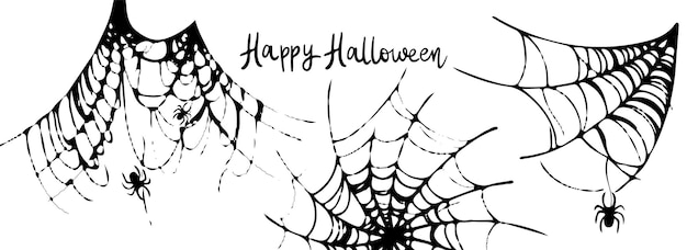 Webreeks die op witte achtergrond wordt geïsoleerd. Eng Halloween-web met spinnen. Overzicht vectorillustratie.