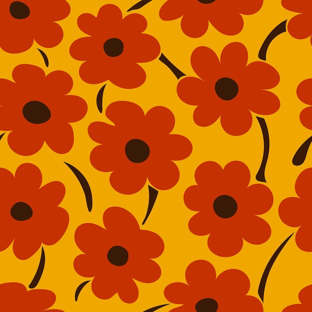 WebSeamless floral pattern in retro style Red doodle flowers on yellow background muted shades