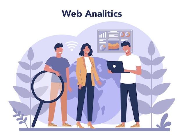 Website analyse concept. verbetering van webpagina's voor bedrijfspromotie als onderdeel van marketingstrategie. website-analyse om gegevens voor seo te krijgen.