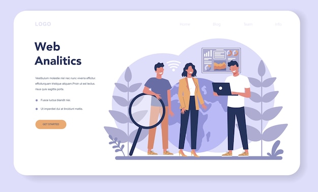 Website analysis concept web landing page. web page improvement for business promotion as a part of marketing strategy. website analysis to get data for seo. isolated flat illustration