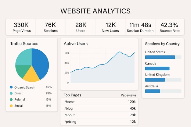Website Analytics Dashboard Displaying Traffic Sources and Trends