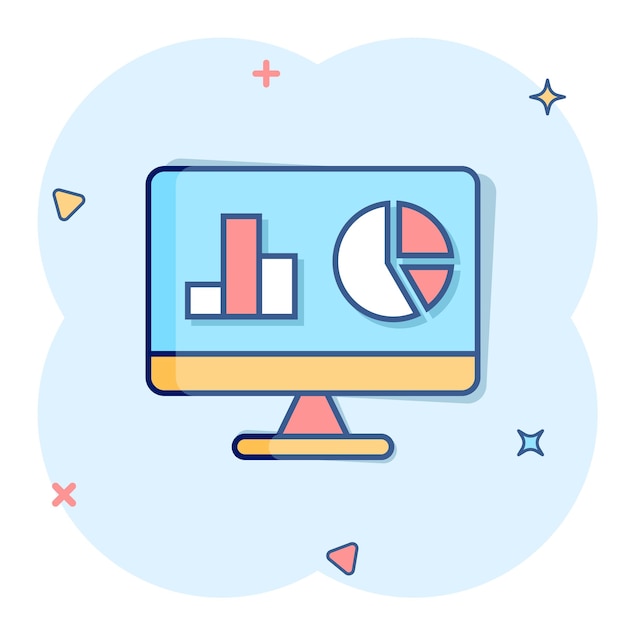 Website analytics icon in comic style SEO data cartoon vector illustration on white isolated background Computer diagram splash effect business concept