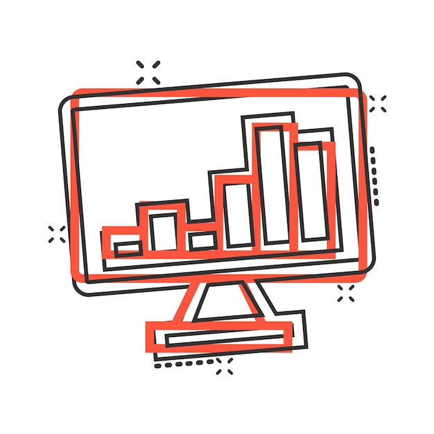 Website analytics pictogram in komische stijl SEO data cartoon vectorillustratie op witte geïsoleerde achtergrond Computer diagram splash effect bedrijfsconcept