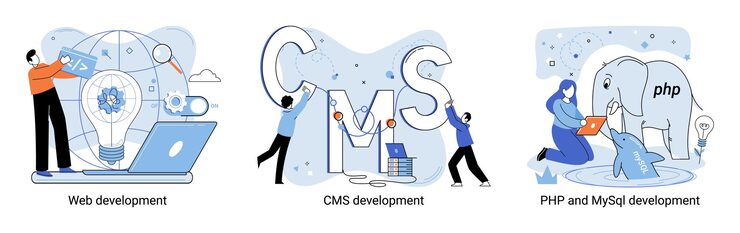 Vector website architecture concepts metaphor web development php and mysql cms interface design software testing creation digital software mobile desktop platforms digital content management system