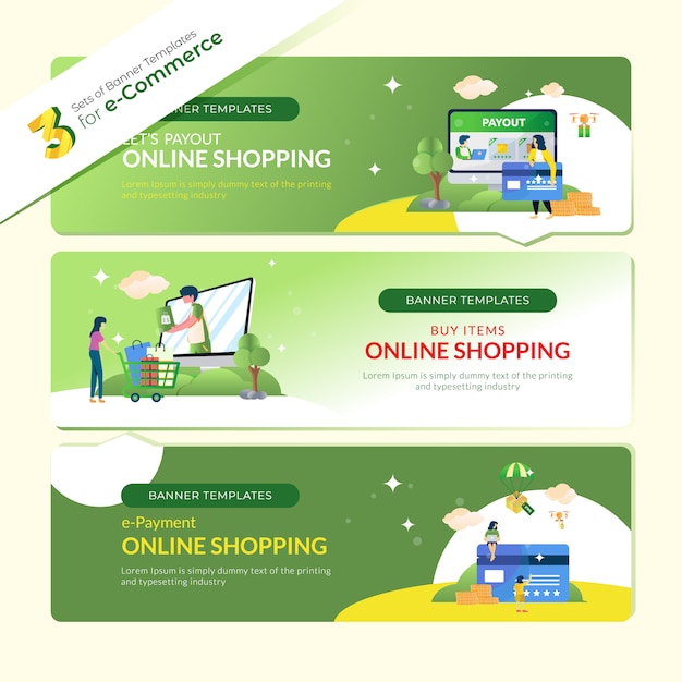 Vettore banner del sito web per l'e-commerce in 3 set di bundle