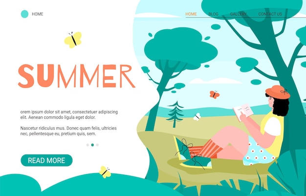 여름날을 즐기는 여성과 함께 여름 레크리에이션에 대한 웹사이트 배너, 만화 벡터 삽화. 공원이나 숲 캠핑 컨셉에서 쉬세요.