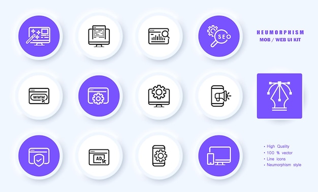 Website beheer ingesteld pictogram computerstatistieken dekking www wereldwijd web seo vergrootglas versnelling megafoon beveiligingssysteem advertentie technologie concept neomorfisme vector lijn pictogram voor business