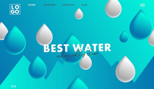 Website bestemmingspagina sjabloon startpagina met 3d illustratie van schoon water druppels op blauw