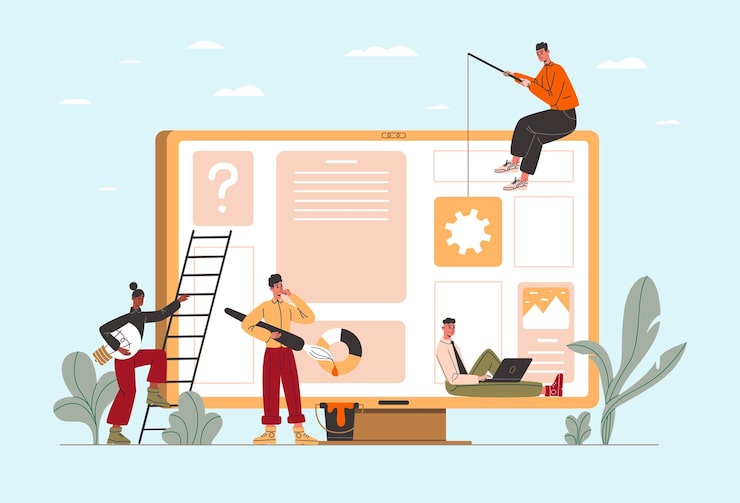 Vector 웹 사이트 구축 디지털 공동 프로젝트에서 일하는 개발 팀 디자이너와 프로그래머는 컴퓨터 프로그램을 만들고 응용 프로그램 구축 앱 소프트웨어 프로그래밍 터 개념