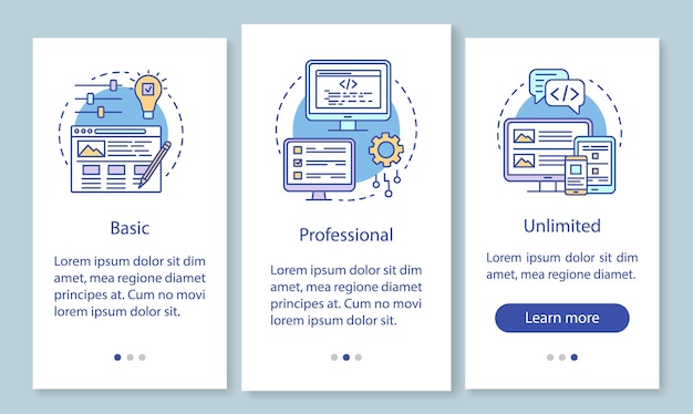 Schermata della pagina dell'app mobile onboarding dei prezzi del costruttore di siti web con concetti lineari. tariffa base professionale. istruzioni grafiche in tre passaggi. modello vettoriale ux, ui, gui con illustrazioni