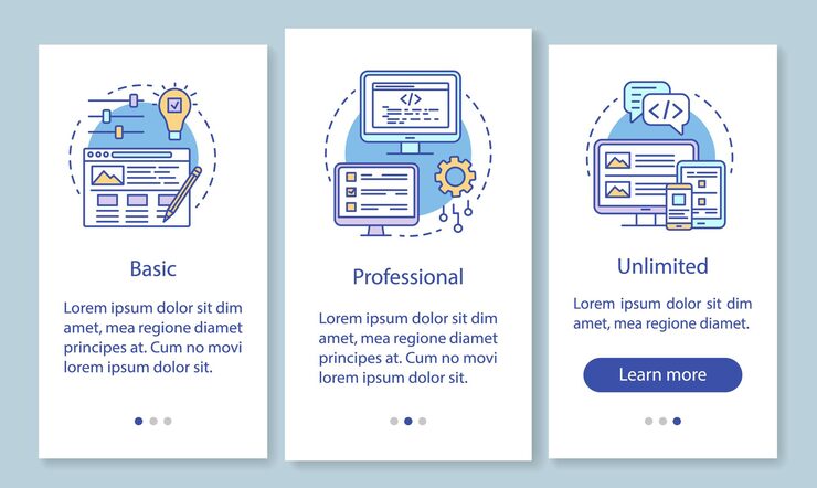Vector 웹사이트 빌더 가격은 선형 개념으로 모바일 앱 페이지 화면을 온보딩합니다. 기본, 전문 요금. 세 가지 연습 단계 그래픽 지침. 삽화가 있는 ux, ui, gui 벡터 템플릿