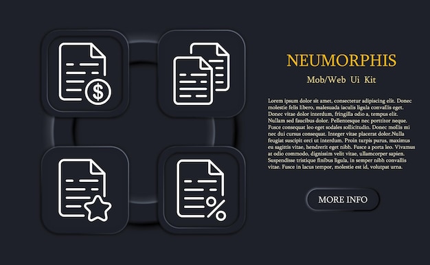 Pulsanti del sito web per la gestione dei file imposta l'icona più segno meno dollaro rapporto finanziario documento di testo impostazione netwotk aggiungi rimuovi concetto di set di dati icona linea vettoriale neomorfismo