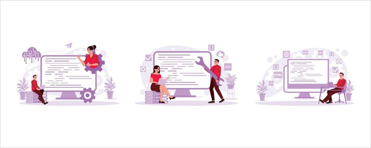 Vector website coding programmer at work man breaking programming code software developer concept