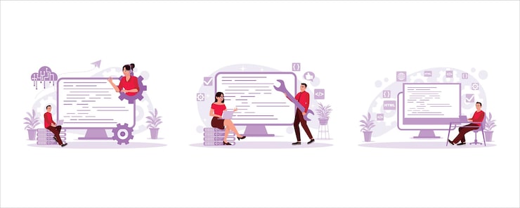 Vector website coding programmer at work man breaking programming code software developer concept