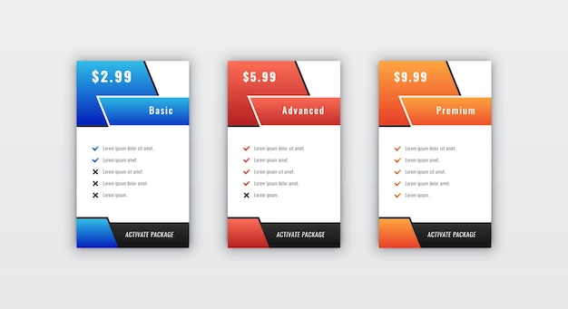 Website comparison checklist pricing table design template