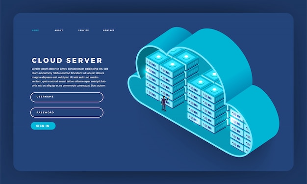 Website concept cloud computing-technologie gebruikers netwerkconfiguratie isometrisch. illustratie.