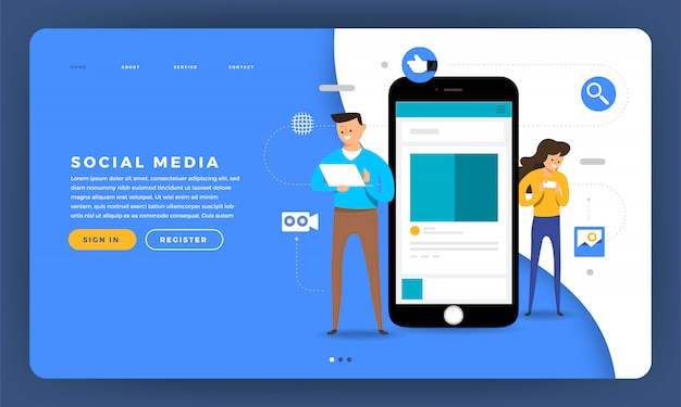 Vector website   concept social media platform with human touch mobile device and smartphone screen.  illustration.