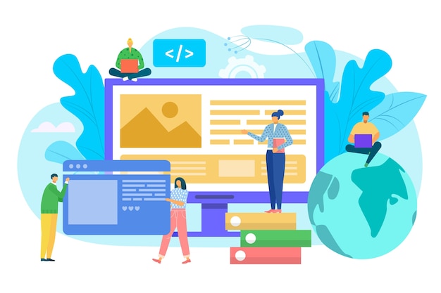 website construction concept, ui interface prototyping, web development  illustration. people costructing web site interface on computer. ui ux, usability, mockup, wireframe development concept.