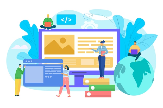 Vettore concetto di costruzione di siti web, prototipazione dell'interfaccia utente, illustrazione di sviluppo web. persone che costruiscono l'interfaccia del sito web sul computer. ui ux, usabilità, mockup, concetto di sviluppo wireframe.
