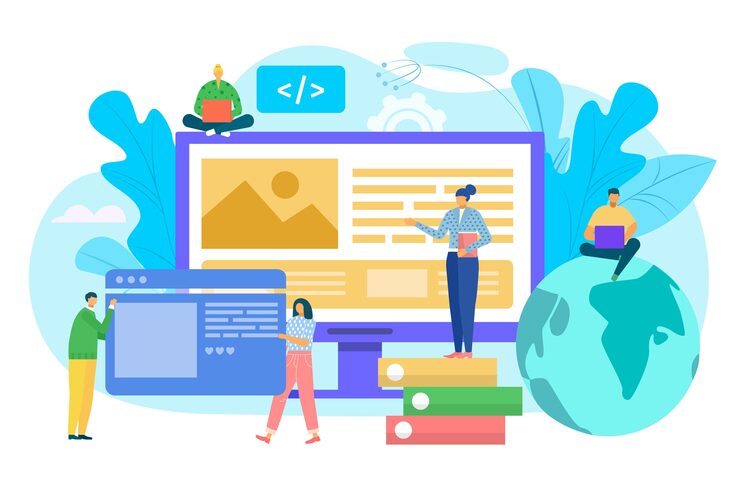 Vector website construction concept, ui interface prototyping, web development  illustration. people costructing web site interface on computer. ui ux, usability, mockup, wireframe development concept.
