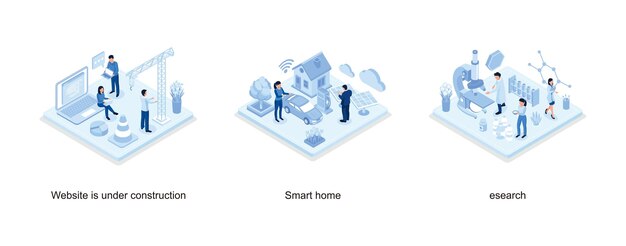 Vector website under construction concept with characters, smart house with solar panel and electric car,