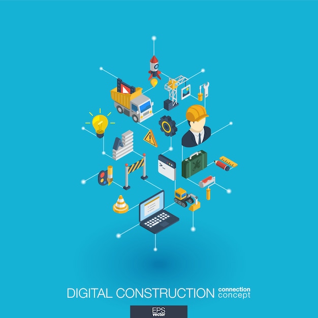 Website under construction integrated  web icons. digital network isometric interact concept. connected graphic  dot and line system. abstract background for app development.  infograph