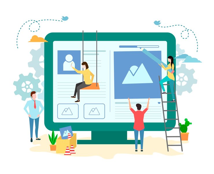 Vector website construction web design concept illustration in flat style people working on website