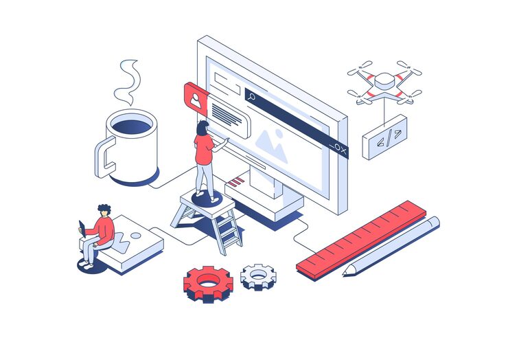 Vector website creating concept in 3d isometric design developers prototyping and coding designing page layout and homepage user interface vector illustration with isometry people scene for web graphic