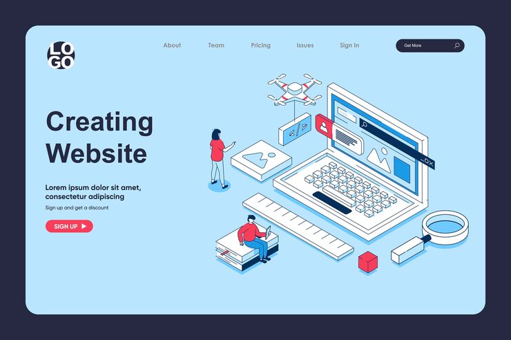 Vector website creating concept in 3d isometric design for landing page template people creating ui ux interface prototyping and testing scripts optimizing and improving page vector illustration for web